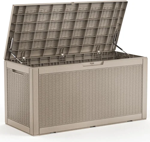 Miniatura 11 de Caja de almacenamiento para exteriores de 30 galones, impermeable, caja de resina para terraza, con cerradura, para muebles de patio, jardín