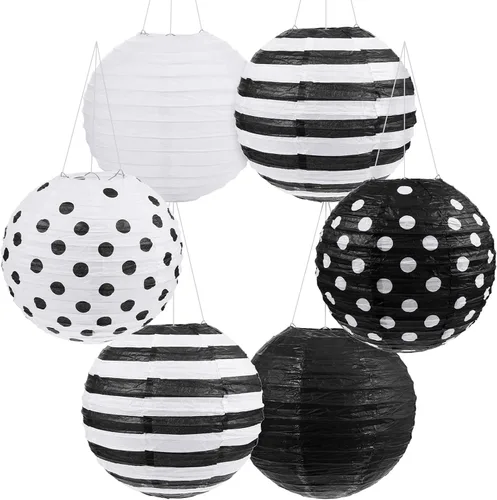 Treela Paquete de 6 linternas de papel en blanco y negro de 8 pulgadas redondas con patrones de lunares a rayas para regreso a clases, aula, fiesta