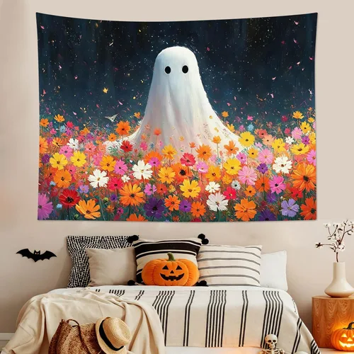 Miniatura 24 de HVEST Tapiz de Halloween para colgar en la pared, esqueleto de terror, cráneo, cementerio, calabaza, farol, bosque muerto, tapiz nocturno