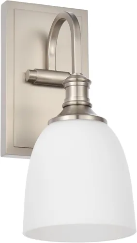 Aplique de pared, apliques vintage en níquel cepillado, 1 luz de tocador de baño con pantalla de vidrio opal, lámpara de pared para dormitorio,