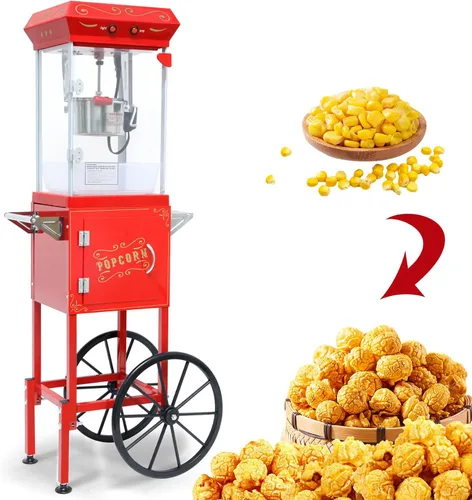 Miniatura 8 de Máquina de palomitas de maíz vintage con carrito, carrito de palomitas de maíz de 6 onzas, máquina para hacer palomitas de maíz con gabinete de Rojo