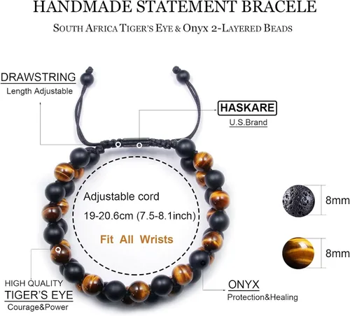 Miniatura 5 de Premium Tiger Eye Bracelet Gift for Men, HASKARE Energy Protection Crystal Real Tigers Eye Black Onyx Beads Bracelets, Handmade Crystal Bracelet Men