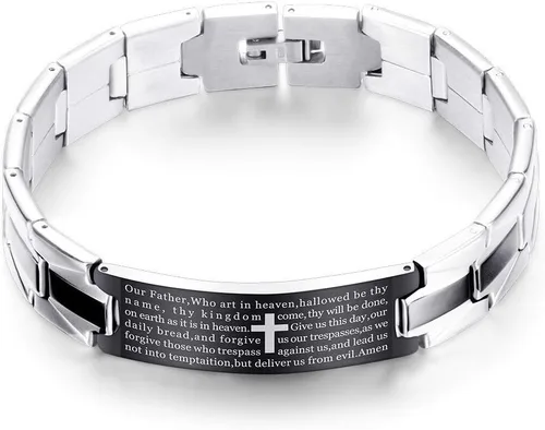 Miniatura 2 de Reizteko Pulsera de pulsera de eslabones religiosos de acero inoxidable con cruz negra y plata inglesa para hombre