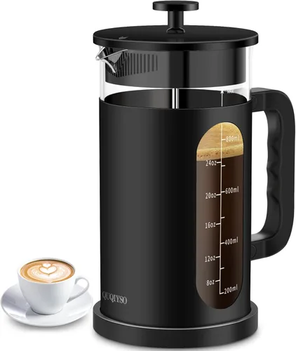 Miniatura 15 de QUQIYSO Cafetera de prensa francesa de acero inoxidable 304 con 4 filtros, resistente al calor, duradera, fácil de limpiar, prensa de café de vidrio
