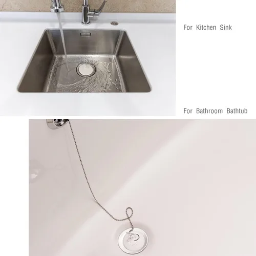 Miniatura 5 de Paquete de 2 tapones de bañera, tapones de goma para bañera con tapón de drenaje con cadena de cuentas de acero inoxidable de 15", tapón de baño