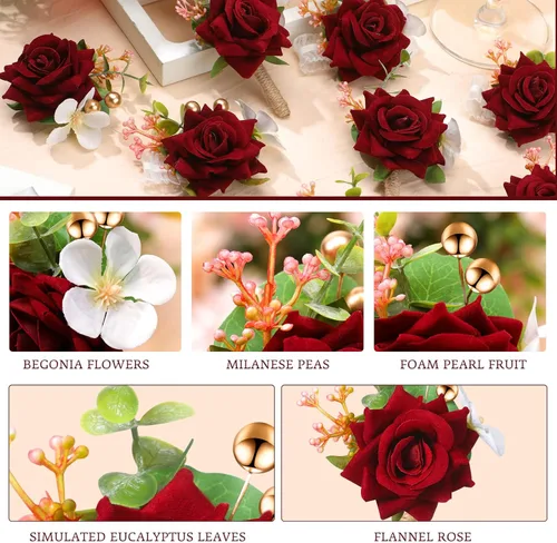 Miniatura 7 de Sherr Juego de 24 boutonniere burdeos para hombre, diseño de rosa para boda, bolsillo con alfileres, para novio, padrinos de boda, ramillete, traje