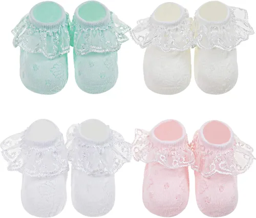 Miniatura 3 de DRESHOW Calcetines de bebé para niñas con ojales y volantes de encaje, calcetines de vestir para recién nacidosbebésniños pequeñosniños para niña