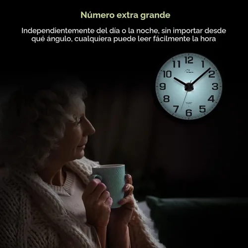 Miniatura 7 de WallarGe Reloj de pared con luz nocturna para dormitorio, reloj de pared iluminado silencioso que brilla en la oscuridad, funciona