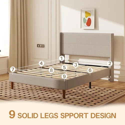 Miniatura 4 de Base de cama de tamaño matrimonial, plataforma tapizada de lino con cabecera con respaldo de ala, soporte de listones de madera, no necesita somier