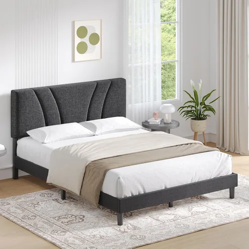 Miniatura 10 de Novilla Base de cama tamaño King con cabecera ajustable, marco de cama King, cabecera tapizada de tela de lino, no necesita somier, sin ruido, Beige