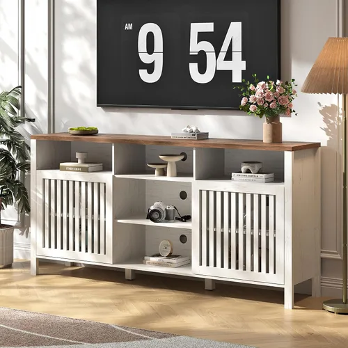 Miniatura 9 de BVIUNTWO - Soporte de TV Farmhouse marrón con puertas con rejilla, 5 compartimentos de almacenamiento abiertos, consola multimedia de 65