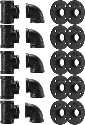 Miniatura 7 de Accesorios de tubería negros de 3/4", Home TZH - Juego de 30 unidades de brida de piso/codo/camiseta para estilo vintage industrial