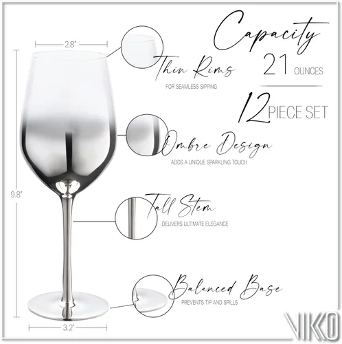 Miniatura 3 de Vikko Décor - Copas de vino tinto color plateado degradado, vidrio fino, soplado a mano, tallo alto y elegante, apto para lavavajillas, taza de 21