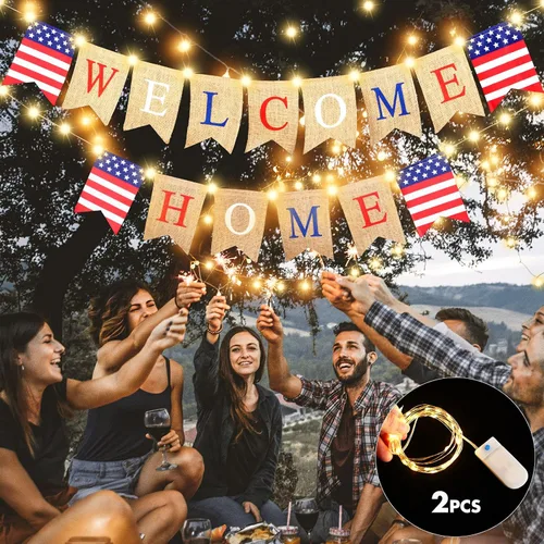 Miniatura 5 de Mudder Cartel de bienvenida al hogar del 4 de julio con decoración LED, cadena de luces de hadas, 2 modos de parpadeo, pancarta patriótica