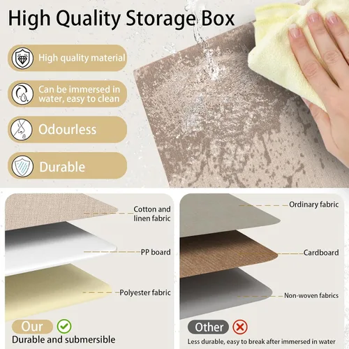 Miniatura 4 de Yawinhe SNK024BEN-1 Cajas de almacenamiento plegables, cestas apilables de tela de lino, contenedor con tapa y asa de cuero, lavable, para el hogar