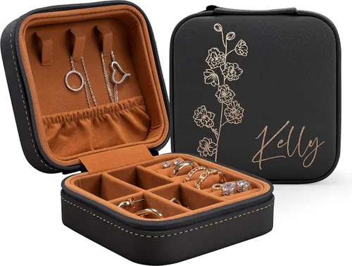 Joyero de cuero personalizado con nombre y mes de la flor de nacimiento, regalos de cumpleaños para mujeres, estuche de viaje de joyería Negro