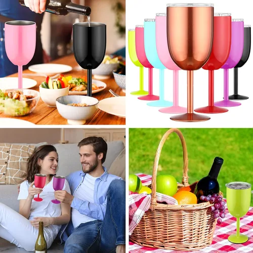 Miniatura 7 de Yinder 8 copas de vino de acero inoxidable con tallo de 12 onzas, copa de vino inoxidable con tapas, copas irrompibles con aislamiento de doble 8
