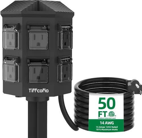 Miniatura 10 de TiFFCOFiO Regleta de Alimentación para Exteriores Resistente a la Intemperie, Cable de Extensión de 25 Pies con Estaca, 6 Enchufes con Conexión a