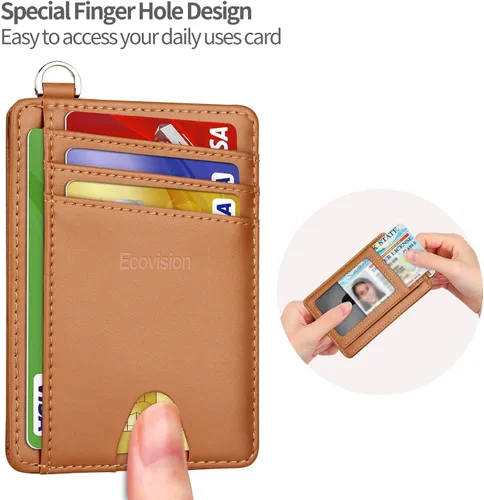 Miniatura 6 de EcoVision Cartera delgada minimalista con bolsillo frontal, bloqueo RFID, tarjetero con grillete en D desmontable para hombres y mujeres, Piel