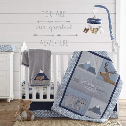 Levtex Baby - Emerson - Juego de cama para cuna - Juego de guardería - Azul marino, azul, gris y bronceado - Animal Adventure - Juego de 4 piezas