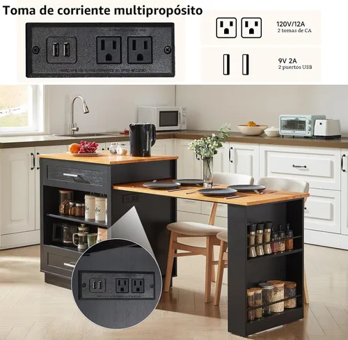 Miniatura 5 de ONBRILL Islas de cocina de 76 pulgadas con mesa de comedor extensible, mesa de isla para 2-4 personas con almacenamiento de doble lado, carrito
