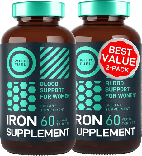 Suplemento de hierro vegano para mujeres con ácido fólico, 35 mg de sulfato ferroso constructor de sangre, ácido fólico 400 mcg, pastillas de hierro