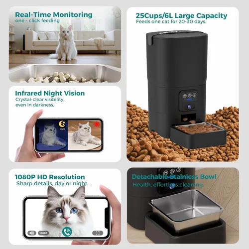 Miniatura 4 de PAPIFEED Comedero automático para gatos con cámara, 1080P HD y visión nocturna, dispensador de comida para gatos de 6 litros con aplicación