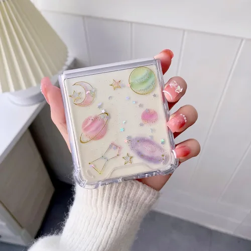 Miniatura 4 de Funda protectora para Galaxy Z Flip 4, suave y transparente de goma flexible, planeta y estrellas espaciales, brillantes, para niñas y mujeres, a