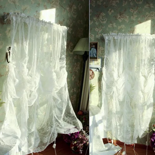 Miniatura 5 de FADFAY Cortina de globo ajustable con lazo de encaje blanco semitransparente, cortina de ventana estilo europeo bordado para sala de estar