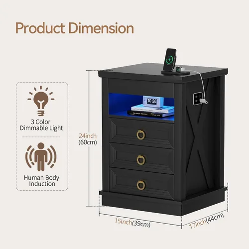Miniatura 2 de Lvifur Mesita de noche de granja con cajón de armas, mesa de noche LED con sensor humano con luces LED y estación de carga, mesa auxiliar auxiliar
