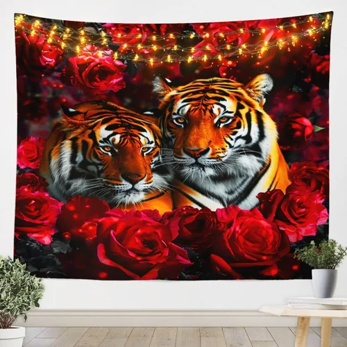 Miniatura 14 de Tapiz femenino de flores de rosas rojas, tapiz de pared para el día de San Valentín, decoración de habitación de niñas y mujeres, cielo estrellado