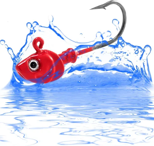 Miniatura 8 de Dr.Fish Paquete de 10 Cabezas de Jig para Swimbait, Cabezas de Jig de Pesca en Agua Salada Ojos 3D Anzuelos de Acero de Alto Carbono Señuelos de Rojo