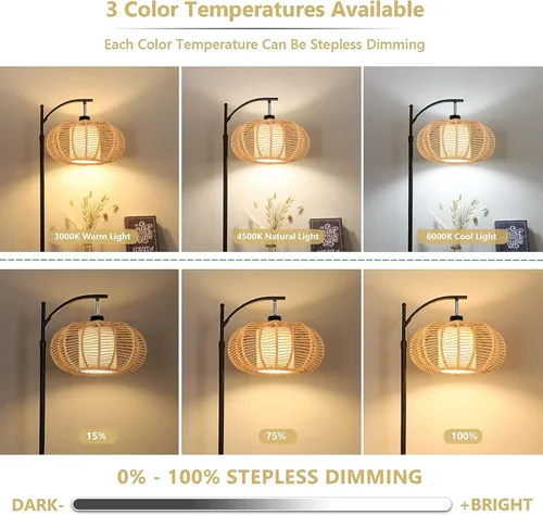 Miniatura 2 de ZECOXOL Lámparas de pie de arco para sala de estar, dormitorio, lámpara de pie bohemia de ratán con control remoto, lámpara de pie LED regulable
