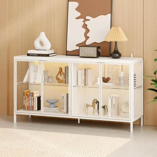 Miniatura 8 de FUFU&GAGA Aparador buffet con luces LED, puertas de cristal, vitrina moderna con estantes de cristal, armario negro con patas de metal, para sala