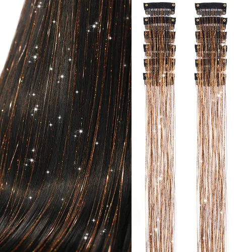 Miniatura 13 de Paquete de 12 extensiones de cabello de oropel con clip, paquete de 12 unidades, 20 pulgadas, extensiones de cabello de oropel con purpurina, negro#