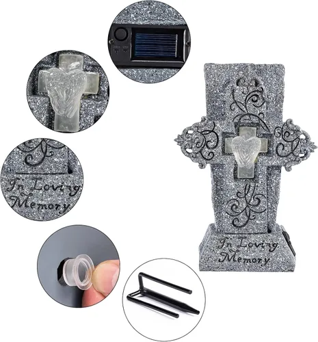 Miniatura 6 de HUYIENO Jarrón solar de cementerio con LED para flores frescas/artificiales, florero de cruz de flores de tumba, jarrones con pinchos, decoración