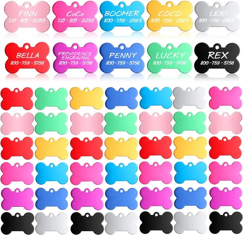 Roowest 200 etiquetas en blanco para perros y mascotas a granel para grabar 1.496 in de aluminio con forma de hueso, etiqueta de nombre colorida de