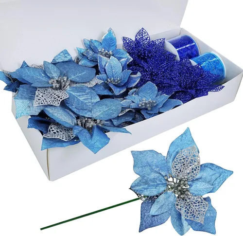 Miniatura 2 de Winlyn Púas de flores de Pascua de Navidad de 3 estilos, adornos para árbol de Navidad y 12 yardas, cinta decorativa con alambre para árbol de Azul