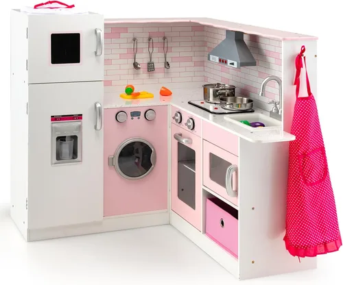 Miniatura 11 de OLAKIDS Juego de cocina de esquina para niños, cocina de madera para niños pequeños con teléfono, microondas, refrigerador, dispensador de agua