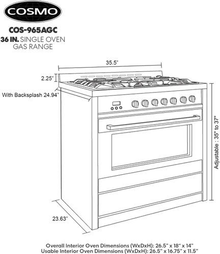 Miniatura 5 de Gama de gas COSMO COS-965AGC de 36 pulgadas con parrilla de 5 quemadores, horno de convección rápida de 3.8 pies cúbicos con cinco funciones