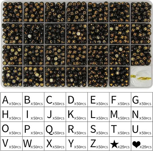 Miniatura 9 de 1400 cuentas negras de letras de 0.16 x 0.27 pulgadas (0.157 x 0.276 in), juego de cuentas de letras acrílicas doradas para hacer joyas