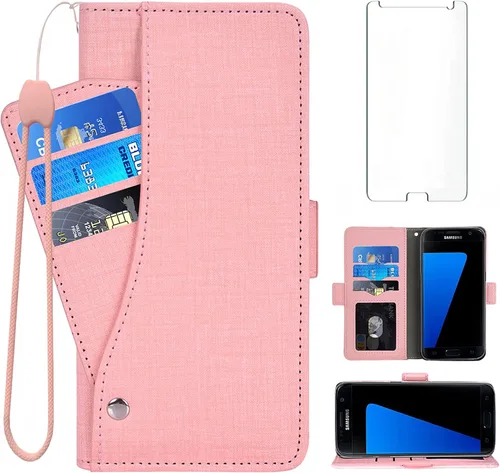 Asuwish Compatible con Samsung Galaxy S7 - Funda tipo cartera de vidrio templado, protector de pantalla y funda de cuero con tapa para tarjetero,