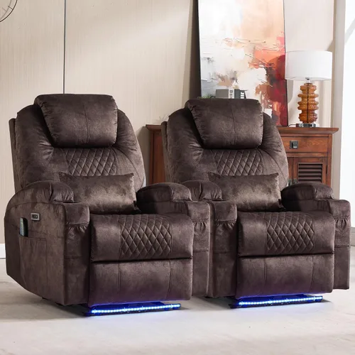 Miniatura 13 de Silla reclinable eléctrica con calor y masaje para adultos, asiento de cine en casa con luces LED, portavasos, bolsillo lateral, puerto USB, sofá