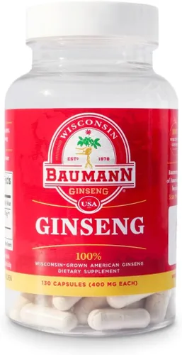 Baumann Wisconsin Ginseng Cápsulas 130 píldoras 400 mg – Extracto de raíz de ginseng americano puro en polvo en cada píldora – Suplemento de Panax