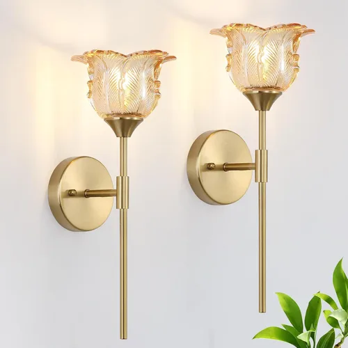 Miniatura 18 de Paquete de 2 apliques de pared dorados con modernas pantallas de vidrio ámbar, accesorios modernos de luz de pared de tocador de baño de mediados
