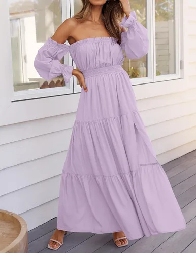 Miniatura 130 de ZESICA - Vestido largo, bohemio y sexy, con hombros descubiertos y manga larga fruncida, con elástico fruncido, cintura alta y abertura lateral