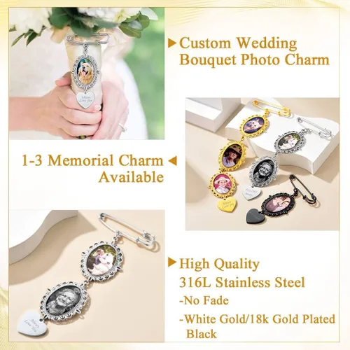 Miniatura 5 de Custom4U Ramo de boda para fotos personalizado con 1-4 imágenes, pines conmemorativos para boda, novio, novia, memoria, pasador funerario, madre