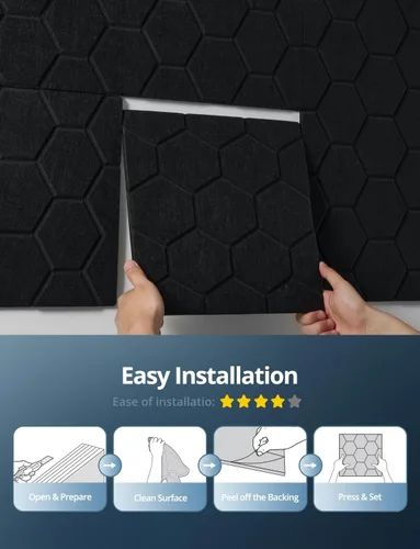 Miniatura 7 de Paneles acústicos para pared con absorción de sonido, paneles de azulejos autoadhesivos de diseño hexagonal en nido de abeja, paquete de 12