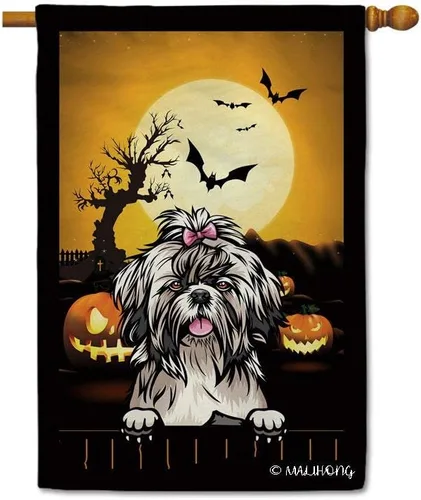 Miniatura 26 de Bandera de jardín de calabaza de Feliz Halloween Jack O'Lantern con perro Rhodesian Ridgeback Halloween Bat Boo Bandera decorativa para patio al
