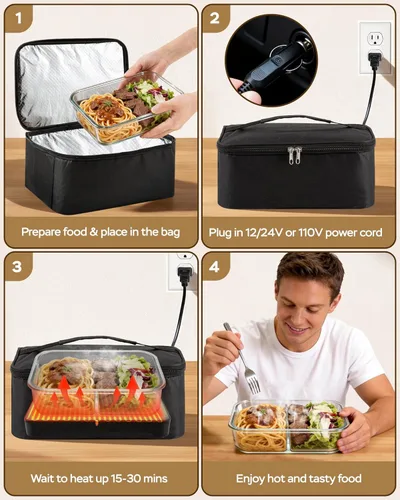 Miniatura 3 de Horno portátil, lonchera eléctrica de 100 W, calentador de alimentos, 3 en 1 12 V/24 V/110 V, lonchera térmica para automóvil, camión, oficina
